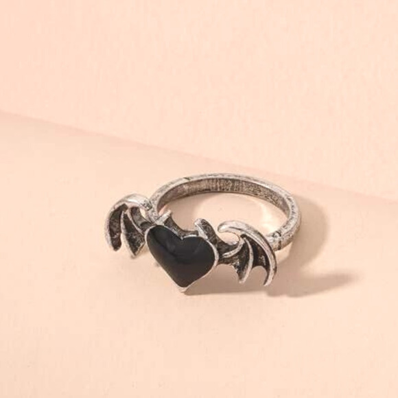 Black Heart Ring Goth Ring Bat Witch Ring Silver Black Ring Punk Batman Ring - Picture 2 of 4